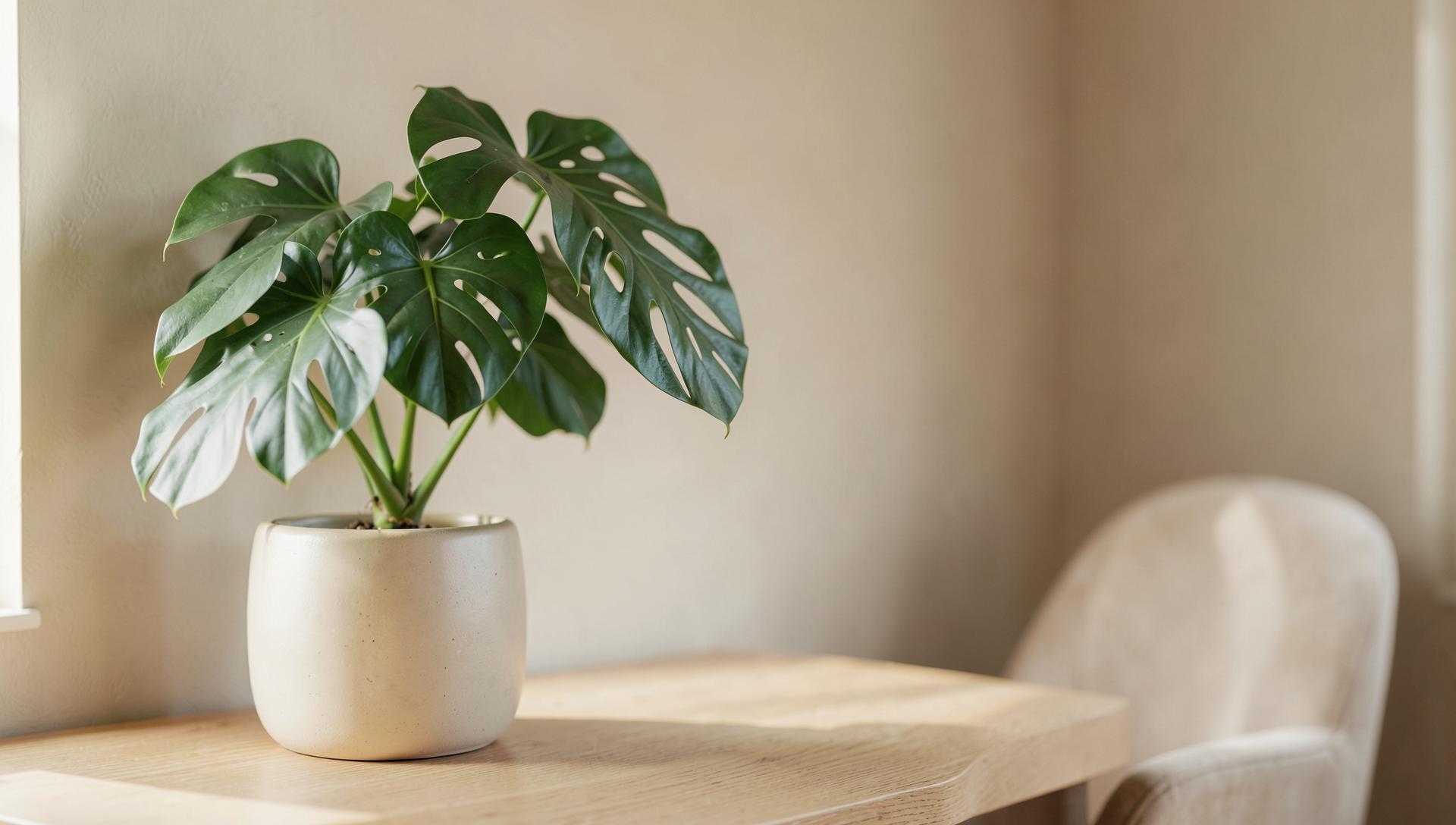 Bureau lumineux avec une plante verte sur une table en bois